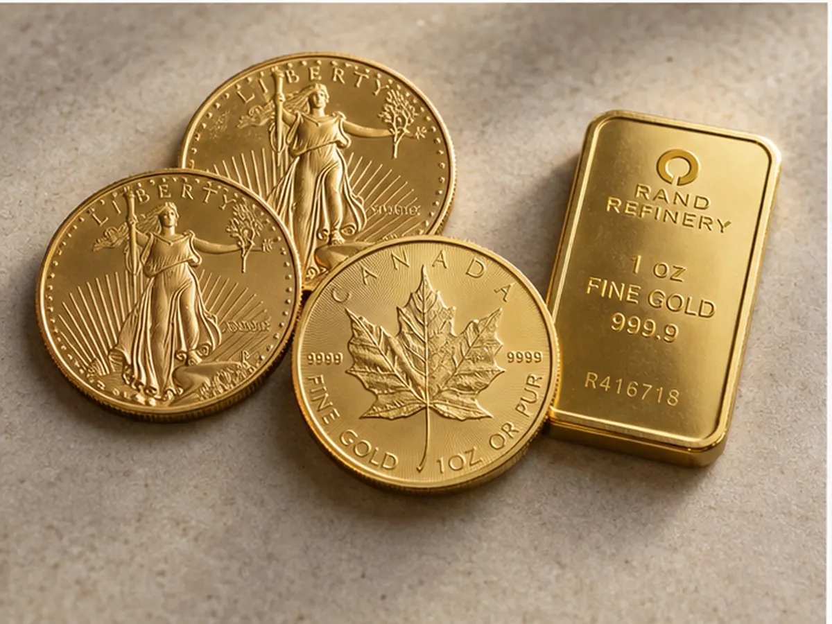 Standard gold bullion coins and a one-ounce gold bar