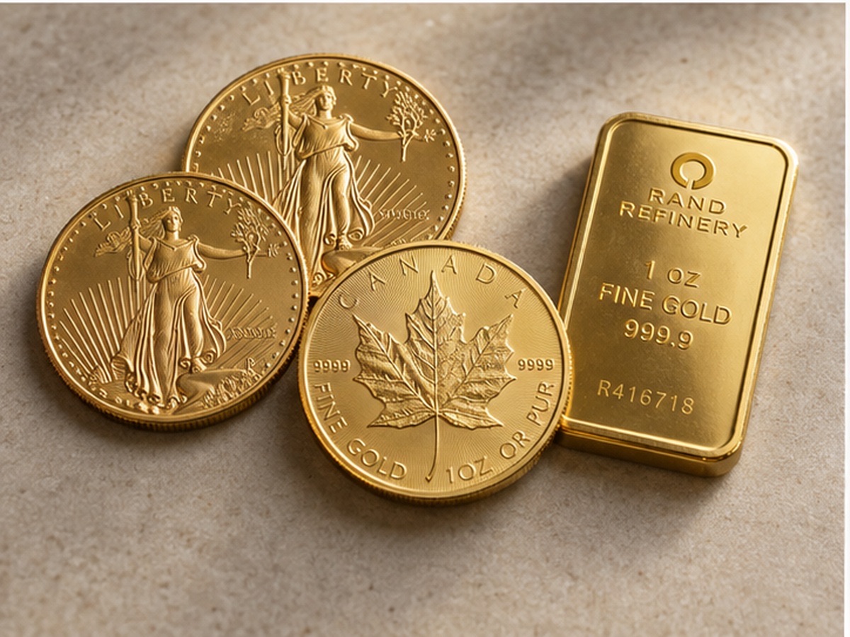 American Gold Eagles, a Canadian Maple Leaf and a one-ounce fine gold bar