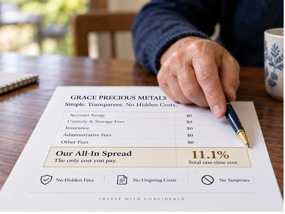 A hand pointing to the all-in total on a printed precious metals IRA cost sheet