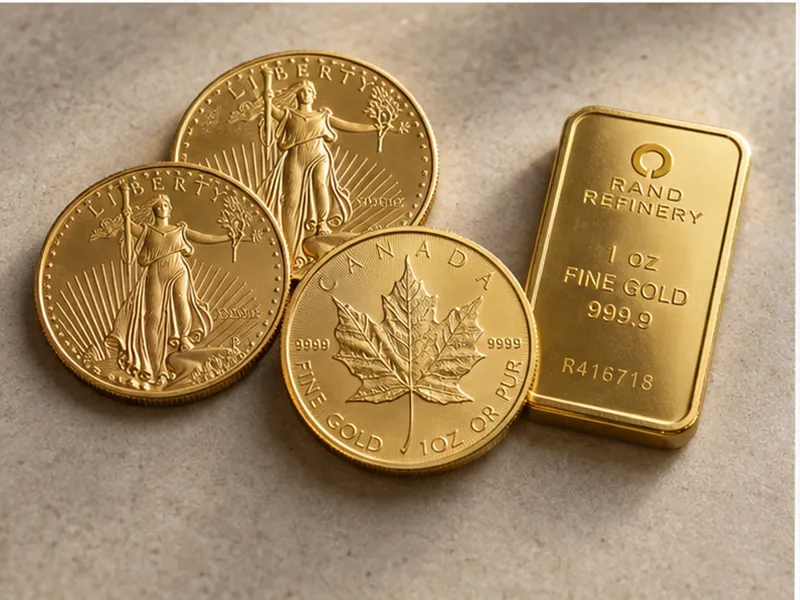 Two American Gold Eagles, a Canadian Gold Maple Leaf and a one-ounce gold bar