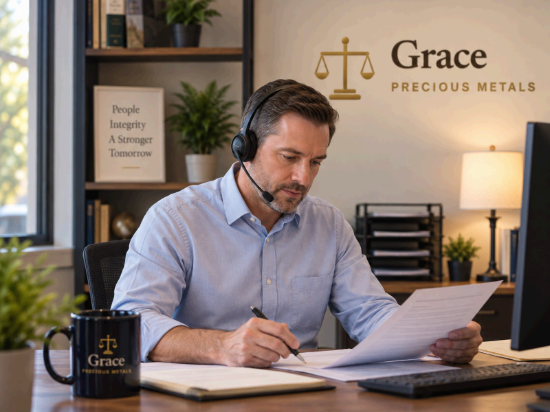 A Grace Precious Metals expert on a headset reading a client’s paperwork