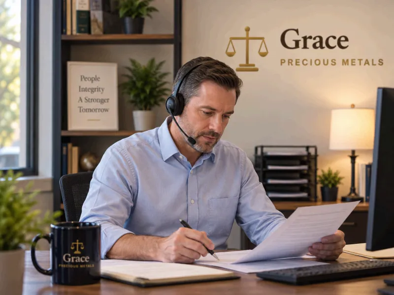 A Grace expert on a headset at his desk, reading paperwork