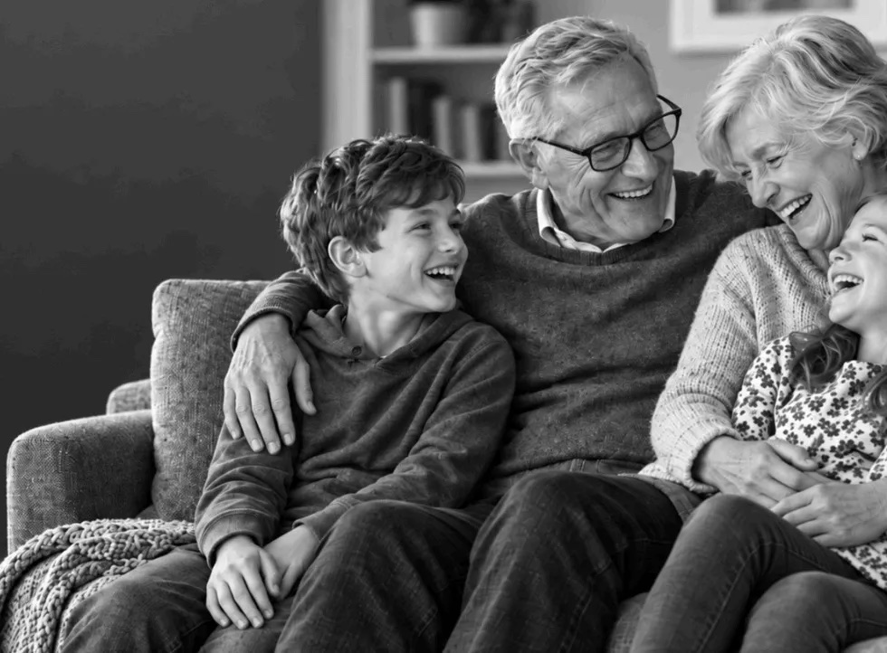 Grandparents laughing on a sofa with their grandchildren