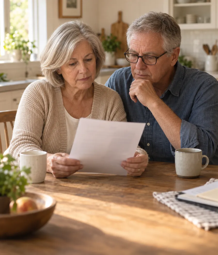 A husband and wife in their sixties reading a printed statement together at their kitchen table
