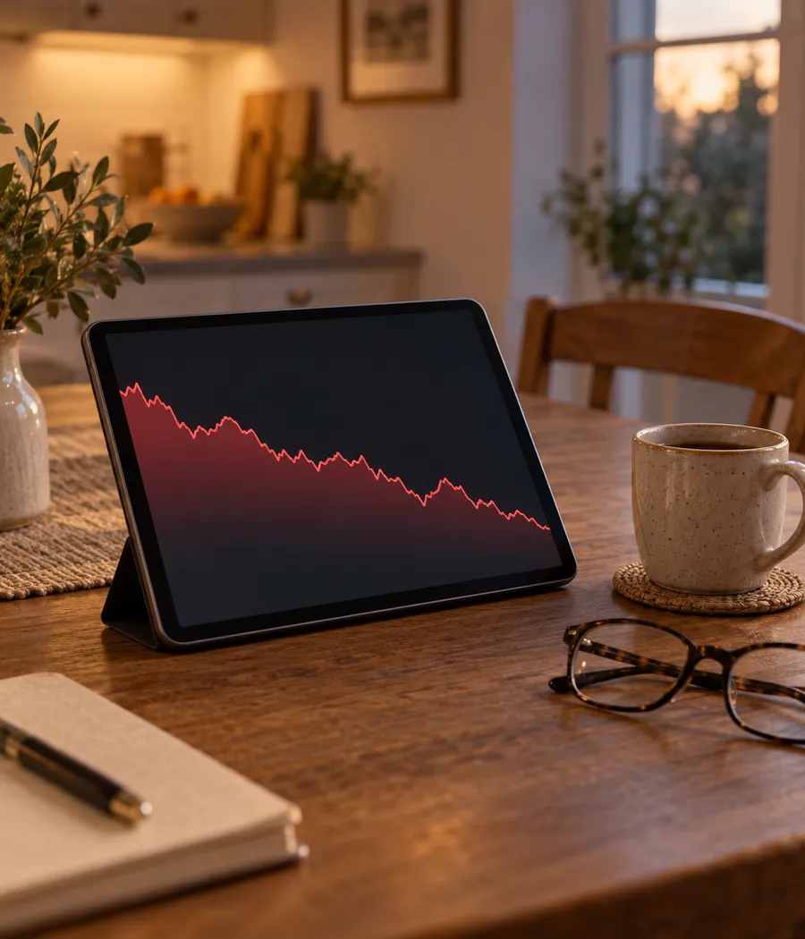 A tablet on a kitchen table showing a falling stock market chart in red, with a mug and reading glasses beside it