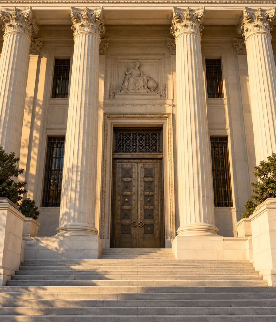 The stone facade and bronze doors of a national central bank in late-afternoon light