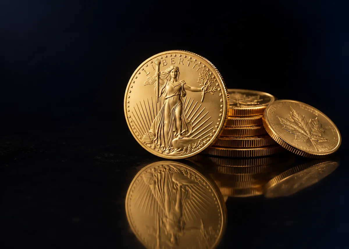 An American Gold Eagle standing against a stack of gold bullion coins on a black reflective surface