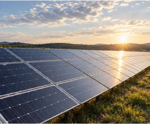 A solar array at sunset
