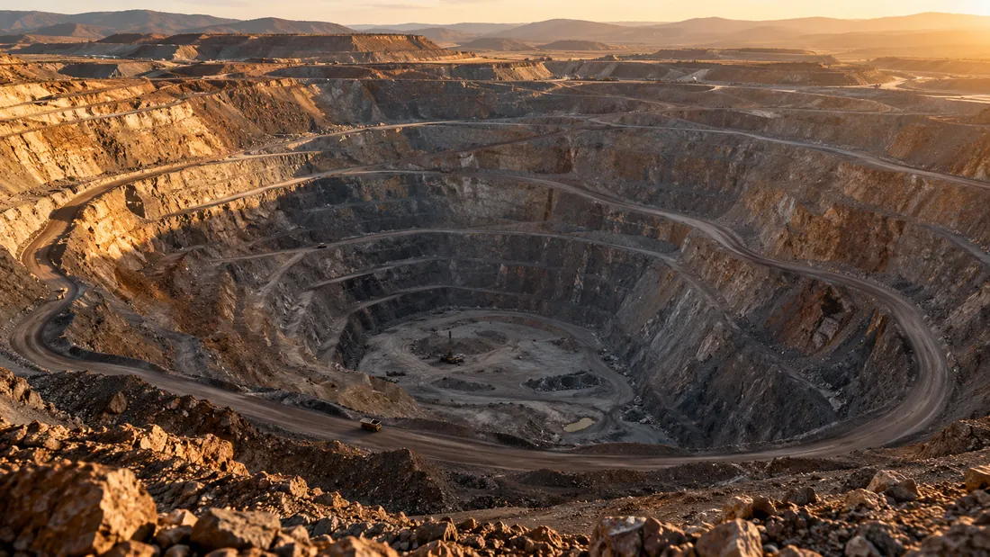 An open-pit mine at sunset